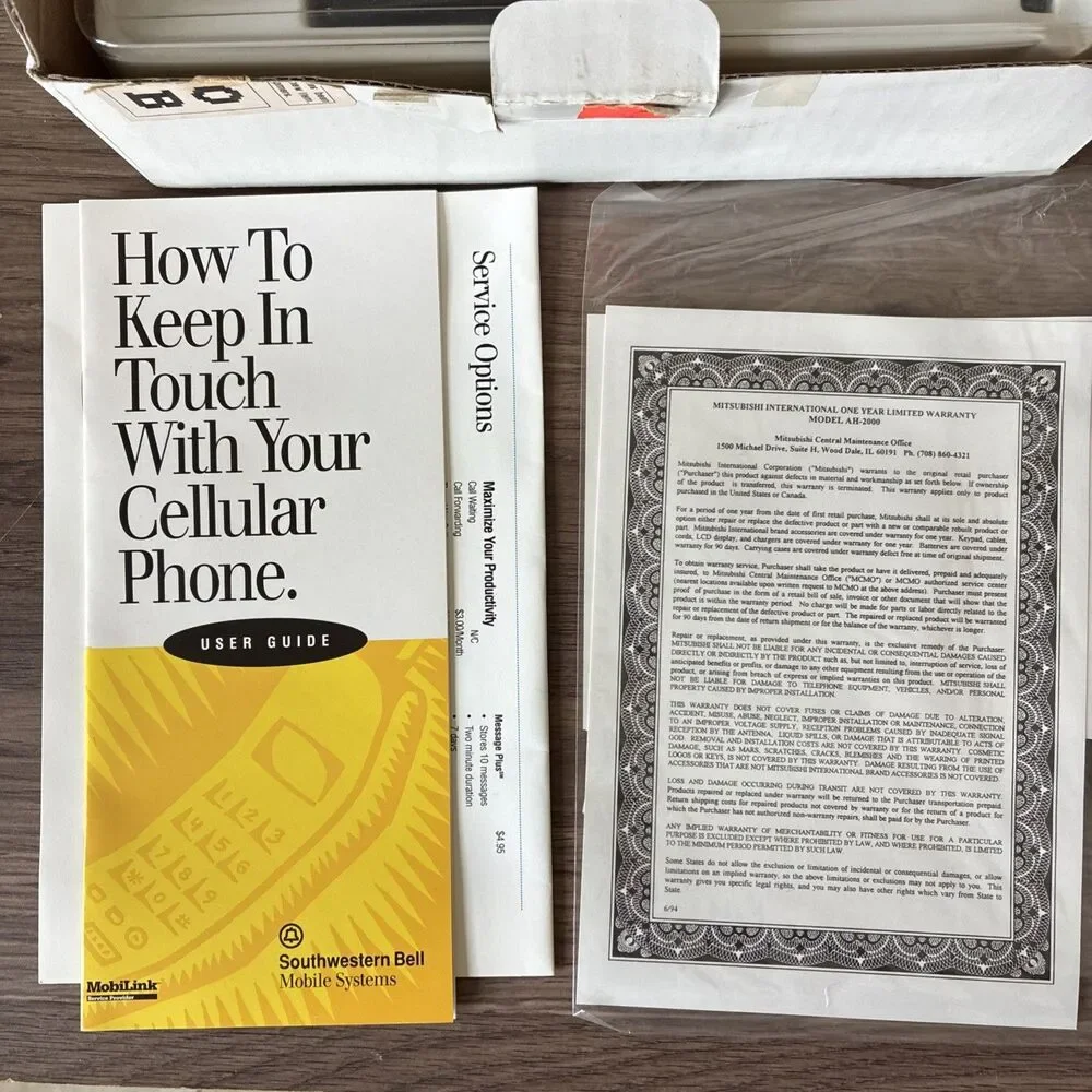 Vintage Acces Cellular Phone With Base, Antenna, Box And Manual, Mitsubishi Intl